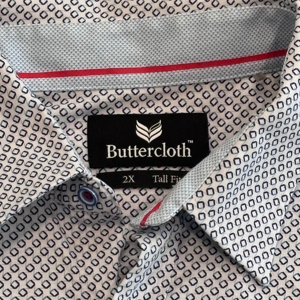 Buttercloth Button Down Shirt Mens 2X Tall White Blue Geometric Preppy Casual - Picture 3 of 9